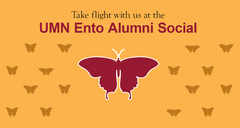 UMN Ento Alumni Social - maroon butterfly on a yellow background