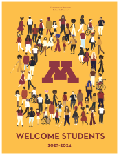 welcome students! 2023-2024- yellow background, marron M in the cetner, digital drawing of people surrounding the M, marron text "Welcome Students"